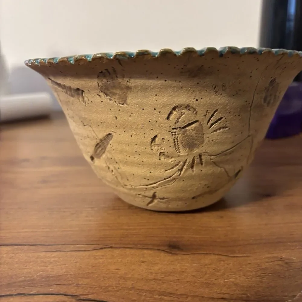 Handmade Artisan Hand Stamped Pottery Nautical Coastal Sea Creature Bowl Teal
